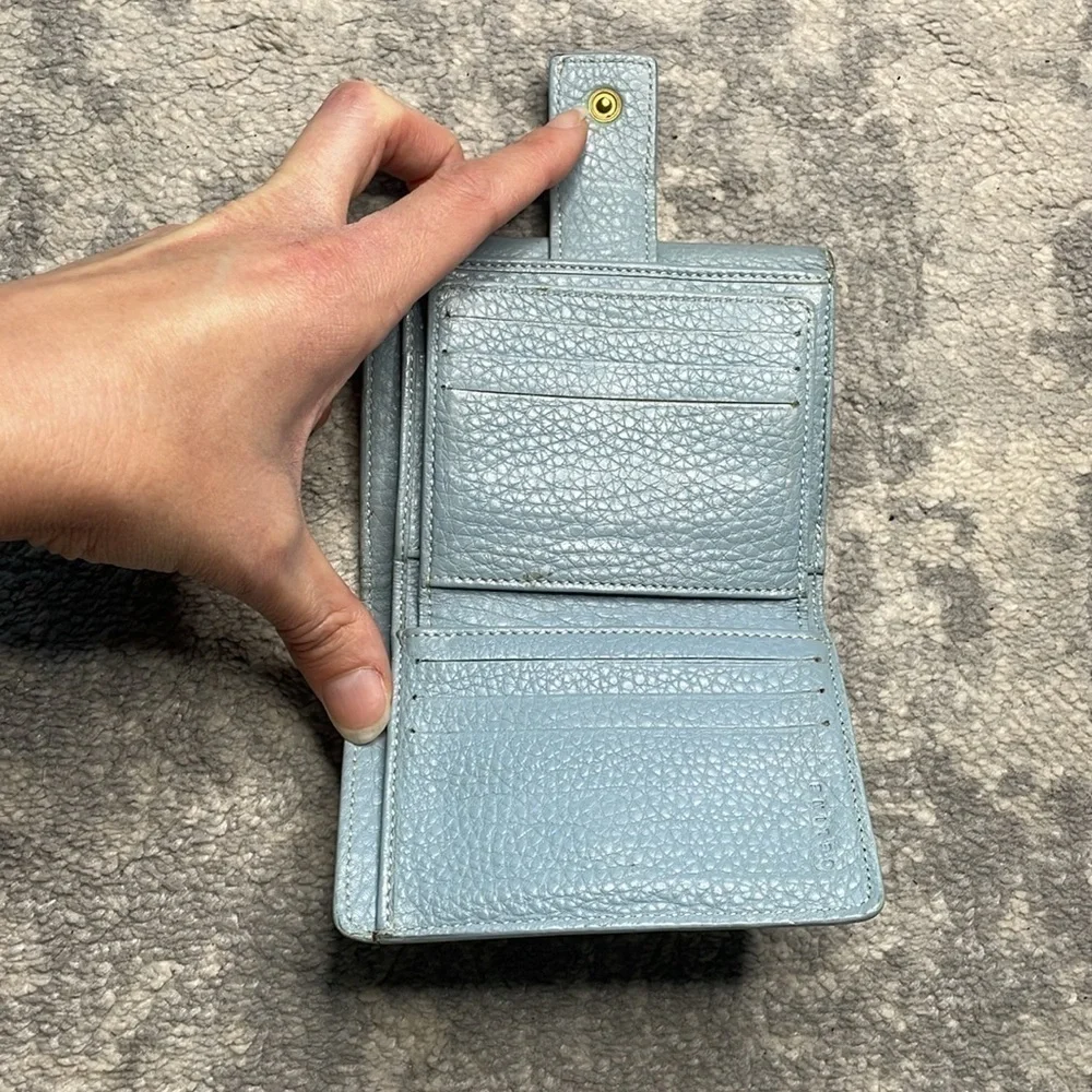 Celine Studded Pebbled Leather Compact Wallet Powder Blue Extra Card Holders